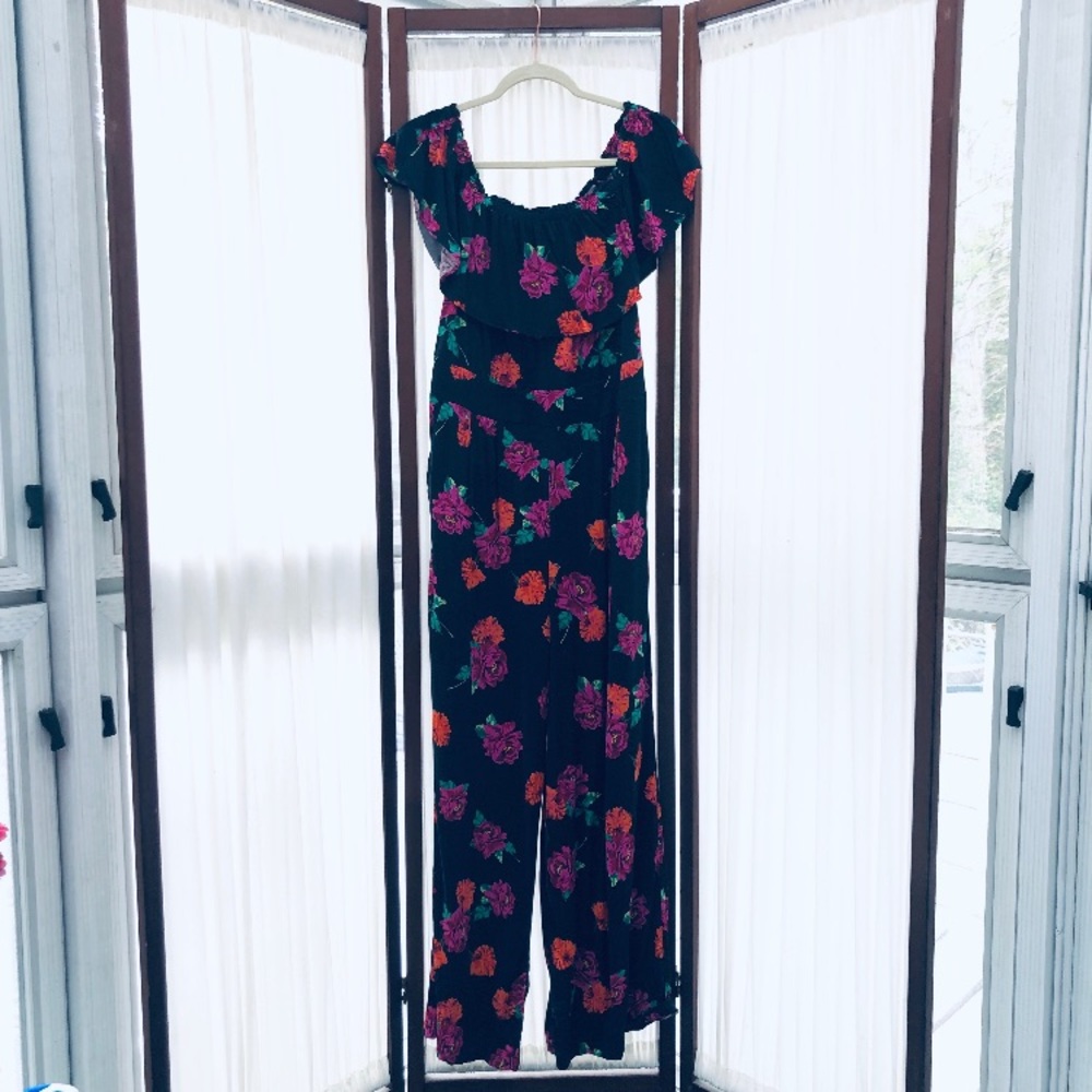 Black Floral Off Shoulder Challis Jumpsuit
